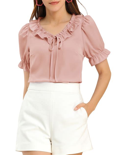 Allegra K Womens Tie Neck Ruffle Neck Blouse Puff Sleeve Ruffle Cuff Solid Tops