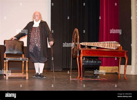 Ben Franklin interpreter, standing beside Glass Harmonica, armonica ...