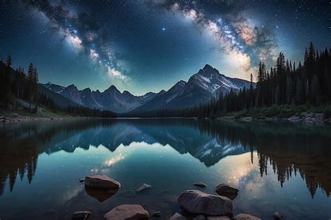 Um céu noturno estrelado sobre um lago de montanha Foto Premium