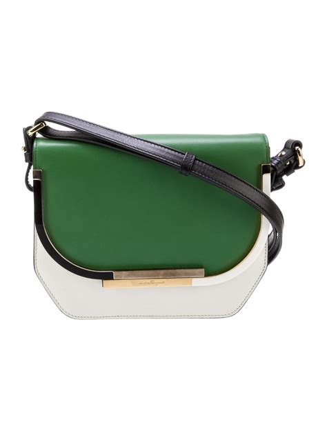 Salvatore Ferragamo Green Pattern Print Leather Gold Tone Shoulder Bag Green Shoulder Bags