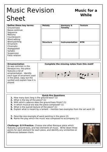 Purcell Music For A While Gcse Revision Sheet Teaching Resources