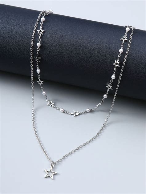 Pc Silver Metal Handmade Chain With Star Moon Pendants Multilayer