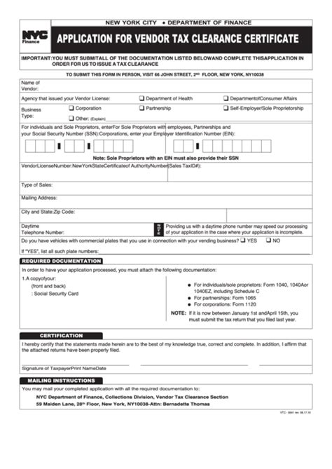 Form Vtc Application For Vendor Tax Clearance Certificate