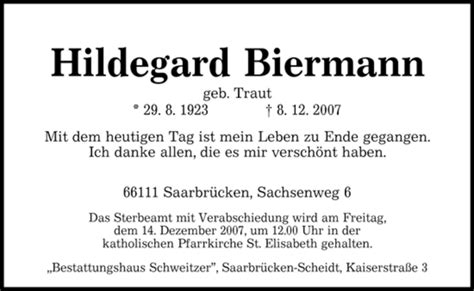 Traueranzeigen Von Hildegard Biermann Saarbruecker Zeitung Trauer De