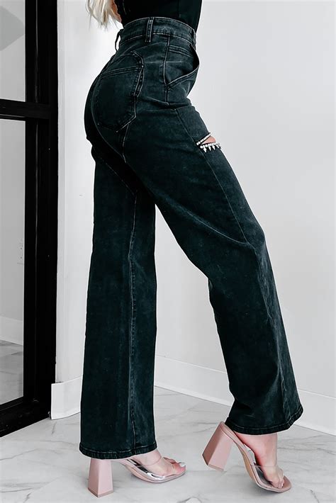 Blowing Your Mind Slit-Front Wide Leg Rhinestone Jeans (Black) · NanaMacs