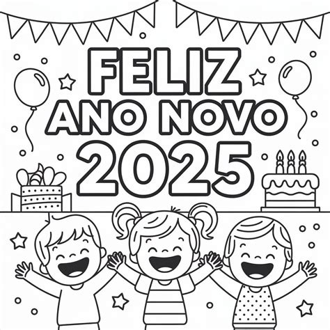 Desenhos de Feliz Ano Novo 2025 Imprimível Grátis para Colorir e