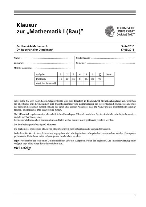 Mathe 1BI So Se15 Haller Dintelmann Klausur Zur Mathematik I Bau