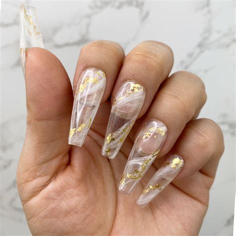 Press On Clear White Marble Nails With Gold Accent