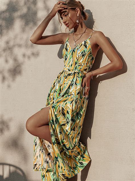 Jastie Boho Slim Slip Maxi Dress Chic Print V Neck Sleeveless Belt