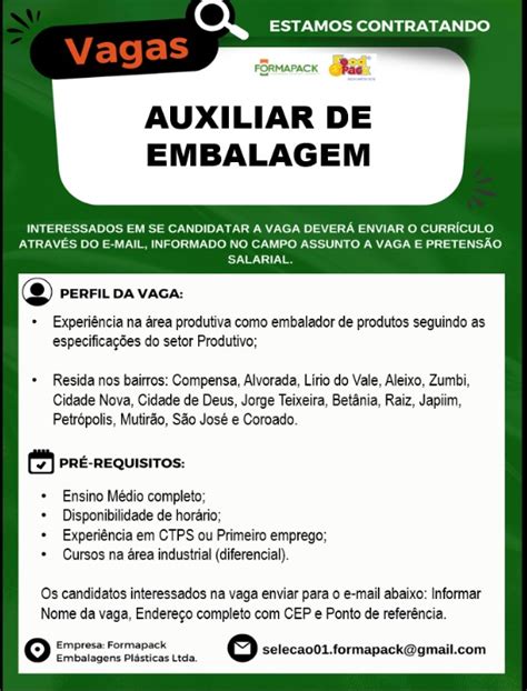 Formapack Embalagens Deseja Contratar Auxiliar De Embalagens Ou