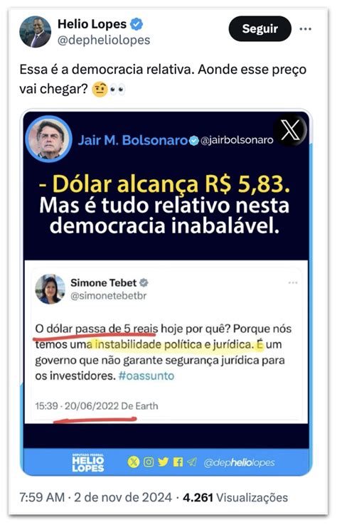 Bolsonaro Resgata Post De Tebet Cr Tica A D Lar Alto