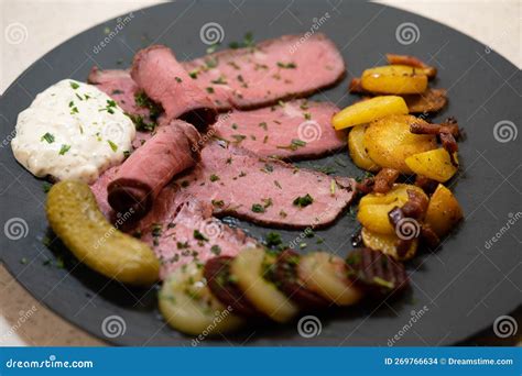 Roastbeef and potatoes stock photo. Image of meat, chips - 269766634