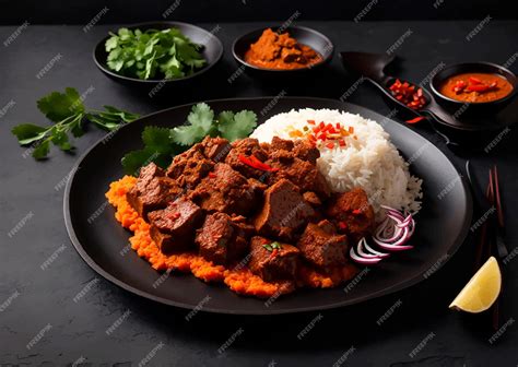 Premium Vector Beef Rendang On Black Plate At Black Slate Table Top