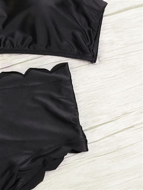 Black Scalloped Trim Halter High Waist Bikini Setfor Women Romwe