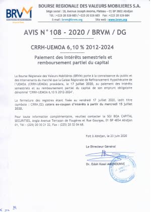 Avis N108 2020 BRVM DG Paiement des intérêts semestriels et