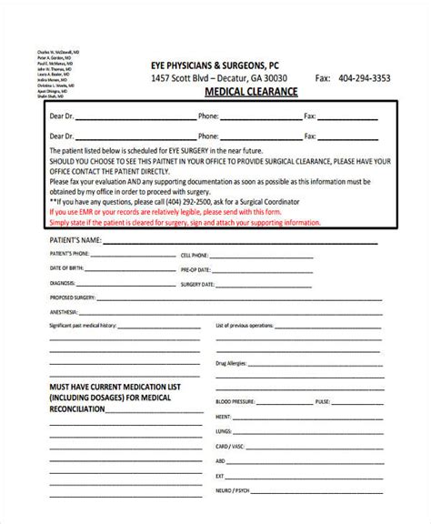 Printable Surgical Clearance Form