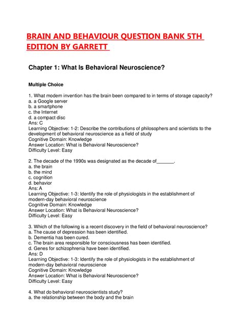 Brain And Behavior Question Bank 5th Edition By Garrett Browsegrades