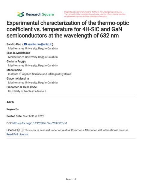 Pdf Experimental Characterization Of The Thermo Optic Coefficient Vs