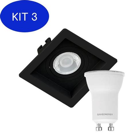 Kit 3 Spot Recuado Dicroica Mr11 Preto Lâmpada Led 4W 2700K Save