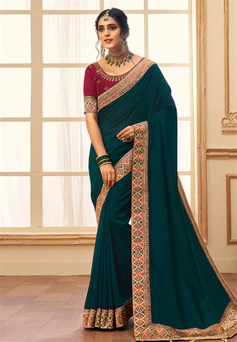 Teal Silk Saree With Blouse 2801