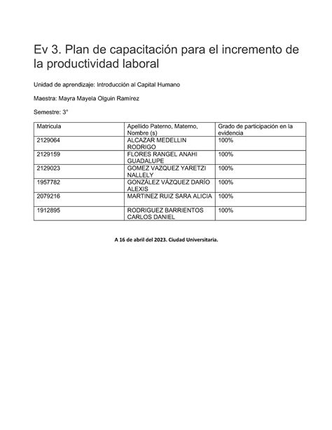 Evidencia Ev Plan De Capacitaci N Para El Incremento De La