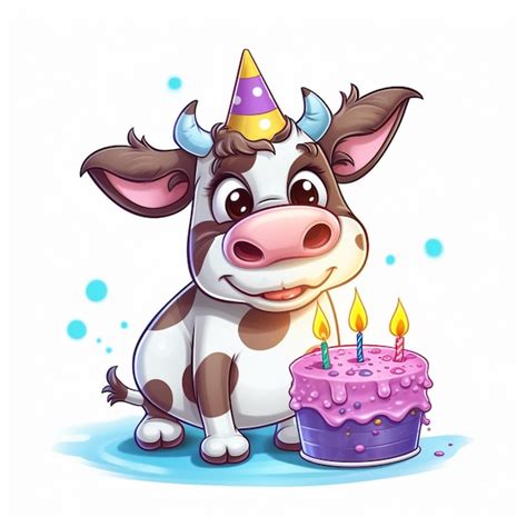 Premium Photo Cartoon Cow With Birthday Cake And Party Hat Sitting On