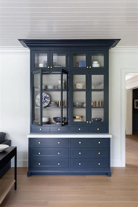 Blue China Cabinet With Glass Doors Transitional Living Room