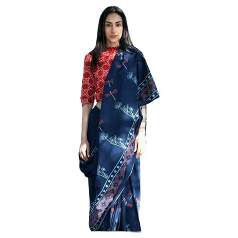 Shop Dark Blue Colour Bagru Print Saree GI Heritage