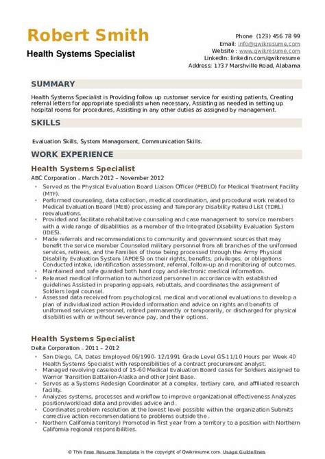 Health Systems Specialist Resume Samples Qwikresume