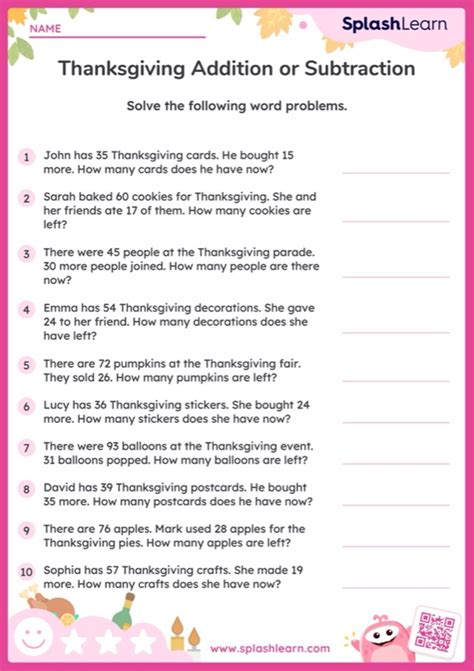 Add Or Subtract Within 100 Thanksgiving Word Problems — Printable Math