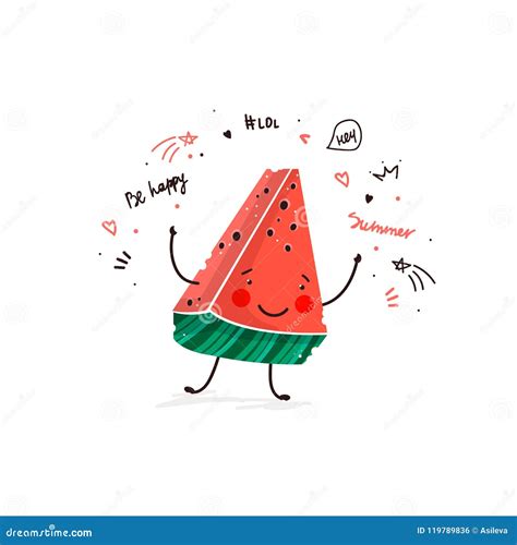 Watermelon Fruit Cute Cartoon Doodle Sketch Illustration Summer Card