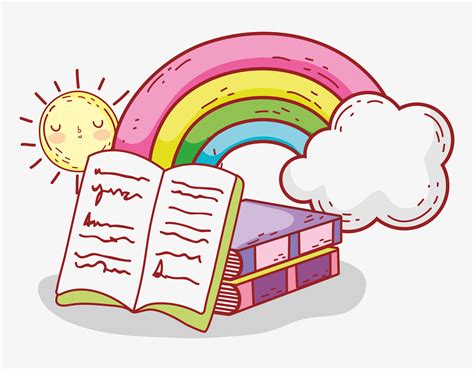 Libro Abierto Libros Apilados Arco Iris Nubes Sol Dibujos Animados