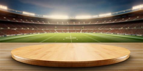 Premium AI Image | A football stadium with a wooden table in the ...