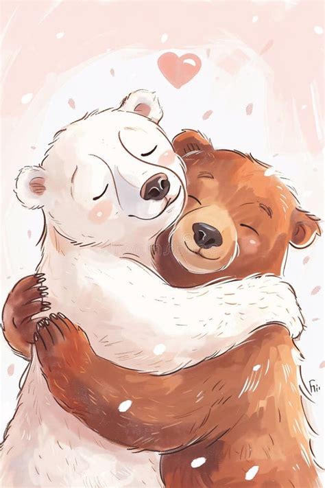 Cute White Polar Bear And Brown Bear Hugging Each Other Stock