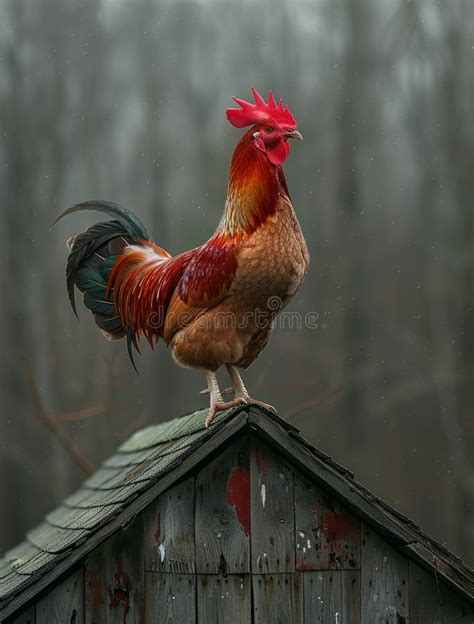 Rooster Sitting On Roof In The Rain Stock Photo Image Of Nature