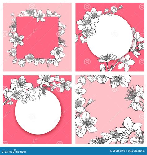 Hand Drawn Card With Cherry Blossoms Sakura Flowers Leaves Branches