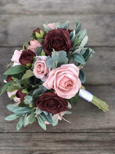 Burgundy Dusty Pink Eucalyptus Bridal Wedding Bouquet Artificial