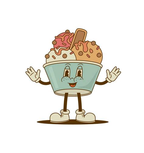 Retro cartoon funny Ice cream character, cute mascot. Vintage street