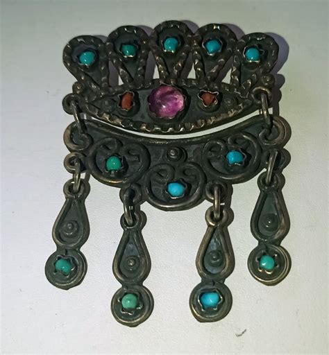 Vintage Mexico Matl Style Sterling Silver Turquoise Broach Or Necklass