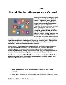 Social Media Influencer As A Career Worksheet By Oasis EdTech TPT