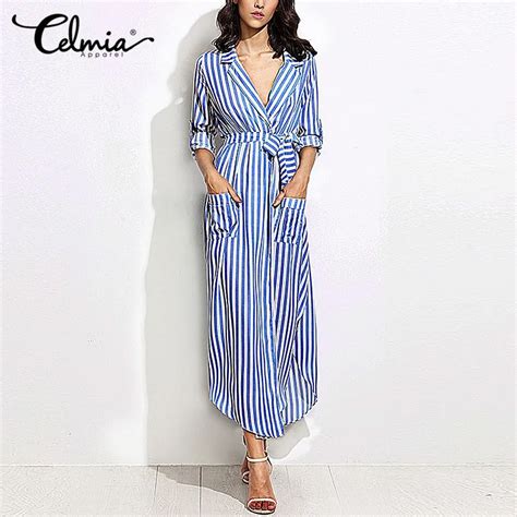 Women Elegant Vertical Striped Long Shirt Dress Cardigan Ladies Lapel Long Sleeve Split Maxi