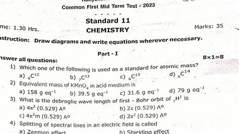 11th Chemistry First Midterm Exam Original Question Paper 2023 Youtube