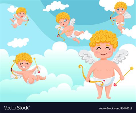 Cupid Angels Characters Flying With Bow And Arrow Vector Image