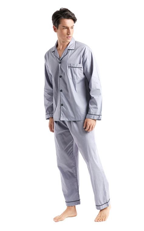 Mens Cotton Long Sleeve Woven Pajama Set Gray With Black Piping Tony And Candice