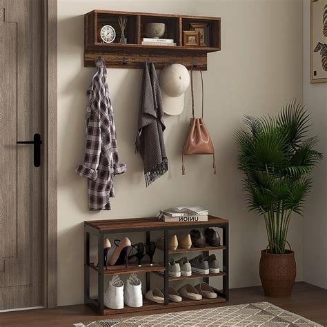 HOMCOM 2 In 1 Coat Rack Shoe Bench Set 5 Hook Hall Tree With Bench And