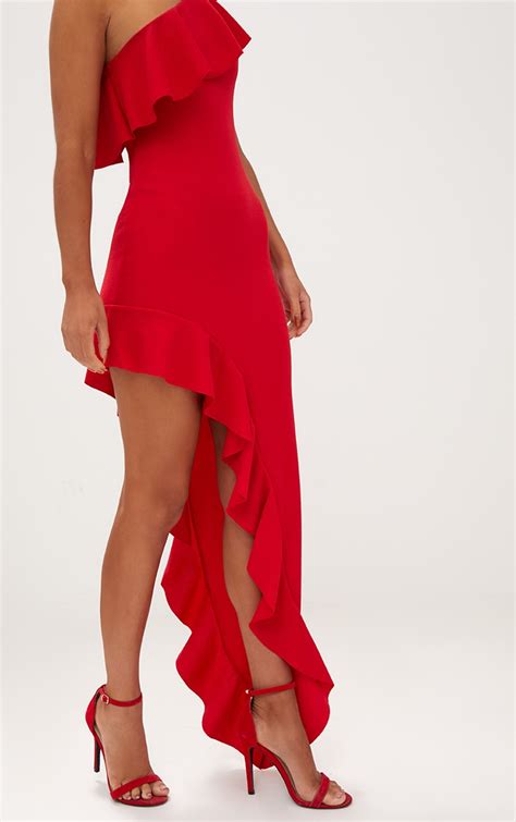 Red One Shoulder Ruffle Detail Asymmetric Maxi Dressdresses Prettylittlething Aus