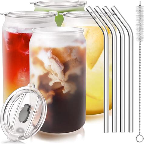 Lunnix Drinking Glasses With Lids And Glass Straw 4pcs Set 16oz Can