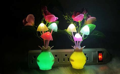 Utlk Pack Plug In Rose Flower Led Mushroom Night Light Lamp With