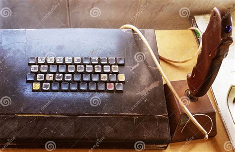 Old Computer Keyboard And Game Joystick The First Keyboards And