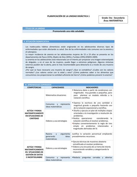 PDF PLANIFICACIÓN DE LA UNIDAD DID CTICA 1 Grado PLANIFICACIÓN